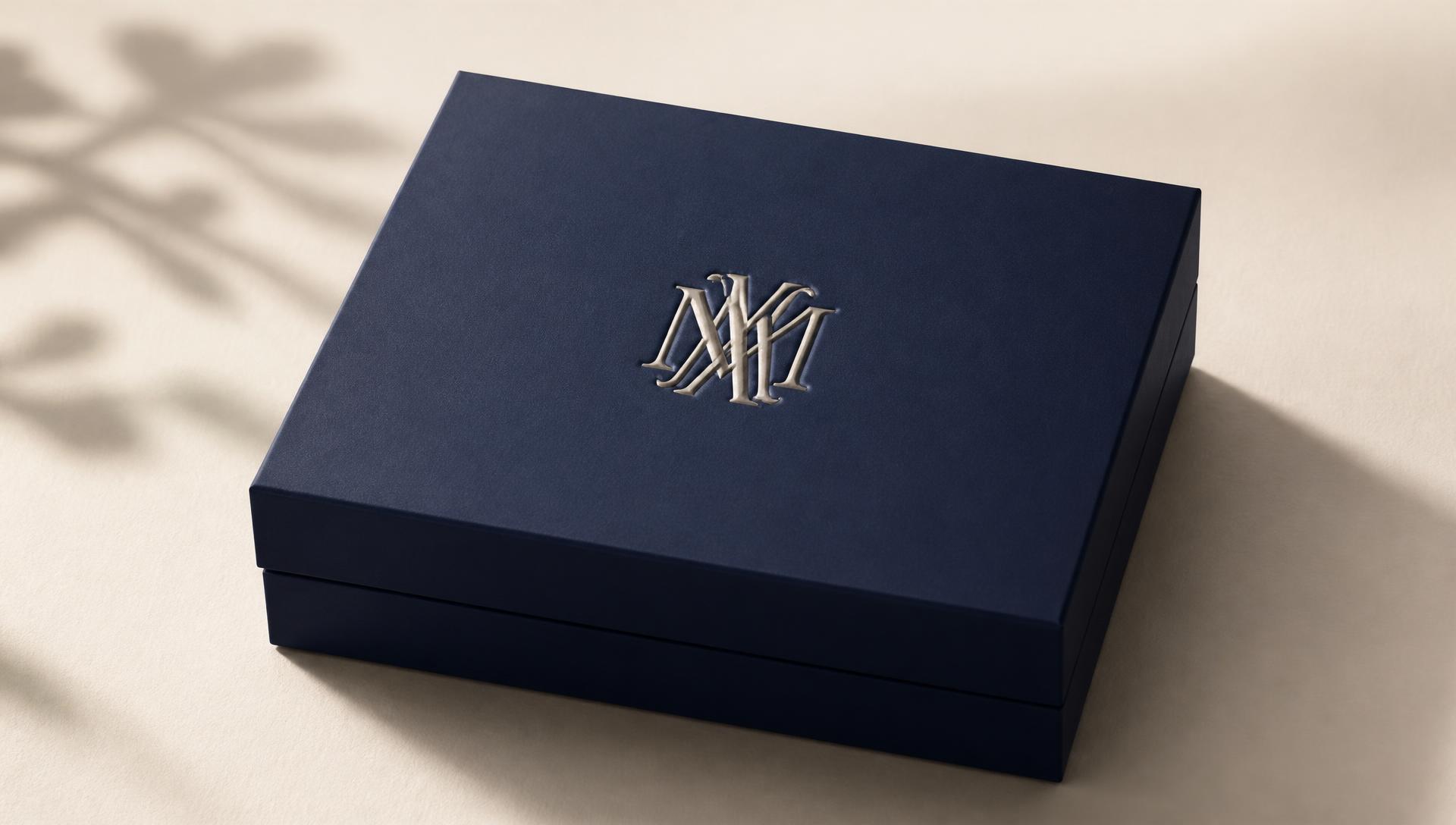 Scatola rigida blu notte con monogramma a rilievo